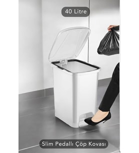 Slim Pedallı 40 Litre Banyo ve Mutfak Çöp Kutusu Beyaz