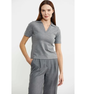 Polo Yaka Kısa Kol Triko Kazak - Gri