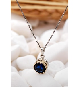 Safir Taşlı Elişi Gümüş Kolye 6809 (Gümüş - Altın)