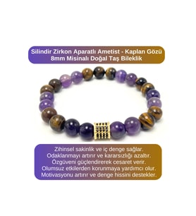 SERTİFİKALI Zirkon Aparatlı Ametist - Kaplan Gözü - 8mm Doğal Taş Misinalı Bileklik