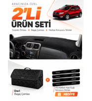 DACIA SANDERO STEPWAY (2015-2021) Uyumlu Torpido Örtüsü + Deri Bagaj Çantası + Sticker Seti - Siyah