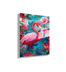 Cam Tablo Çiçekli Pembe Flamingo