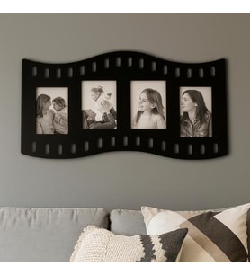 Duvar Fotoğraf Çerçevesi Film Rulo Desenli Fotoğraf Çerçeve Ahşap 4 Fotoğraf Kapasiteli Pano Siyah
