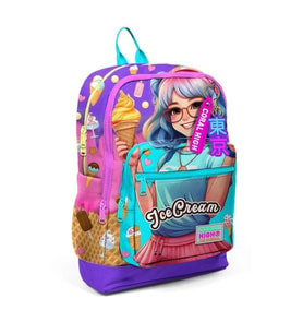 CORAL HIGH 23773 KIDS LİLA TURKUAZ DONDURMA VE ANİME DESENLİ DÖRT BÖLMELİ SIRT ÇANTASI