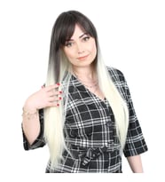 Fiber Sentetik Uzun Düz Kahküllü Peruk - Küllü Siyah / Platin Ombreli