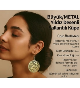 Büyük Metal Yıldız Desenli Sallantılı Küpe – Geceye Not