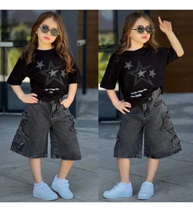 Kız Çocuk Yıldız Baskılı Oversize Tişört & Kot Şort Kombini – Yazlık Şık Takım 2535 Siyah