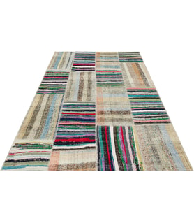 Bej Ekru Modern Salon Kilimi El Dokuma Geometrik Patchwork Desenli Dokulu Yün Koridor