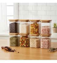 6'lı Set 275 ml Bambu Kapaklı Kare Cam Kavanoz - Vakumlu Mini Boy Çekmece İçi Baharatlık ve Şeffaf Saklama Kabı Organizatörü (6x8 cm)