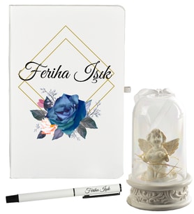 Kişiye Özel Öğretmene Hediye Defter ve Işıklı Melek Fanus Hediye Seti