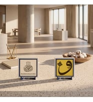 Edebin Esrarını Anlatan Vav Harfi Motifli Set ve Metinli Bismillah İkili Masa Aksesuarı 10x10 cm, Pudra - Sarı