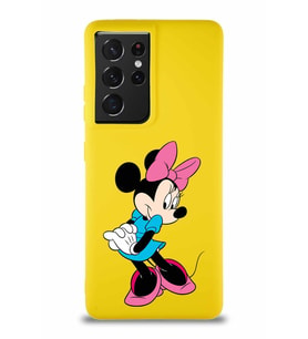 Samsung Galaxy S21 Ultra Soft Premier Kapak Minnie Mouse-F Tasarımlı Silikon Kılıf - Sarı (Şeffaf)