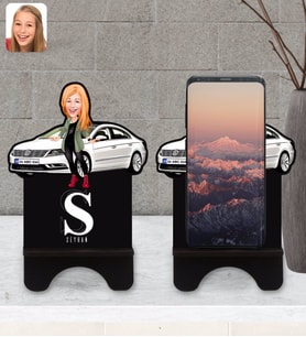 BK Gift Kişiye Özel Plakalı Kadın Volkswagen CC Karikatürlü Ahşap Biblo Telefon Standı-1
