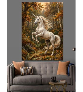 Ormanda Şaha Kalkan Beyaz Unicorn Dekoratif Kanvas - Mdf Ahşap Tablo