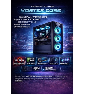 Eternal Power VORTEX CORE Ryzen 5 7500F RTX 4060 16GB DDR5 1TB M.2 B650M WIFI 650W 360mm Gaming PC (Karışık)