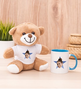 Kişiye Özel Mavi Yıldız Kafa Fotoğraflı Peluş Ayı ve Mavi Kupa