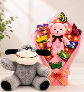 LED Işıklı Ayıcıklı Büyük Boy Kelebek Buketi ve Peluş Eşek Sevgiliye Arkadaşa Anneye Kadına Hediye