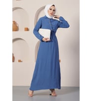 İndigo Gömlek Yaka Önden Düğmeli Tesettür Elbise