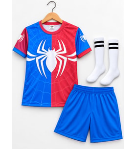 Spiderman Örümcek Baskılı Mavi-Kırmızı Çocuk Futbol Forması Seti 3 Parça Forma+Şort+Çorap