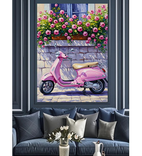 Pembe Scooter Ve Çiçekler Dekoratif Kanvas - Mdf Ahşap Tablo