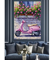 Pembe Scooter Ve Çiçekler Dekoratif Kanvas - Mdf Ahşap Tablo