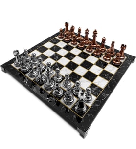 Ortaboy Boy Gümüş-Bronz Taşlı Mermer Desenli Klasik Tablalı Satranç Takımı (27,50*27,50cm)