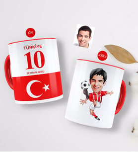 BK Gift Kişiye Özel Türkiye Milli Takım Formalı Futbolcu Karikatürlü Kırmızı Kupa Bardak-2 (Beyaz)