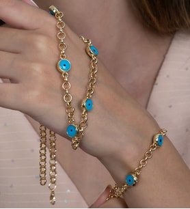 Gold Renk Nazar Boncuklu Kadın Kolye ve Bileklik Set Takım bbs10 (Sarı)