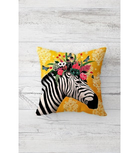 Tepesi Çiçekli Zebra Çift Tarafı Baskılı Gizli Fermuarlı Yastık Kılıfı Kırlent Koltuk Yastık Kılıfı (Sarı)