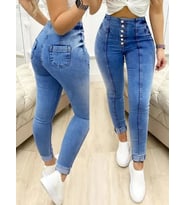 Kadın Yüksek Bel önden Düğmeli Jean Pantolon (Lacivert)