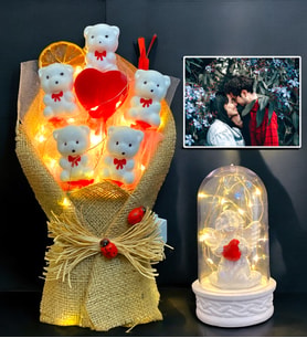 Kişiye Özel Fotoğraflı Led Işıklı Ayıcık Buketi ve Led Işıklı Beyaz Melekli Fanus Aranjmanı