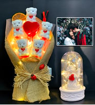 Kişiye Özel Fotoğraflı Led Işıklı Ayıcık Buketi ve Led Işıklı Beyaz Melekli Fanus Aranjmanı