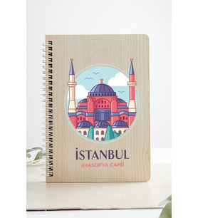 İstanbul Ayasofya Camii Şehir Tasarım Ahşap Kapaklı Özel Defter Kraft Kâğıt (Akçaağaç Rengi )