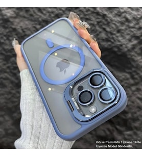 iPhone 14 Uyumlu Kılıf Klon Stantlı + Lens Korumalı MagSafe Kapak (Mavi)