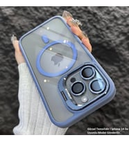 iPhone 14 Uyumlu Kılıf Klon Stantlı + Lens Korumalı MagSafe Kapak (Mavi)