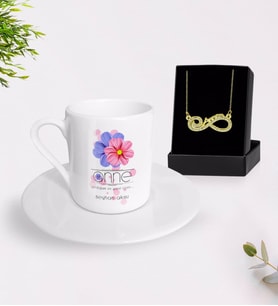 BK Gift Kişiye Özel Anne Temalı Türk Kahvesi Fincanı ve Sonsuzluk Annem Kolye Hediye Seti