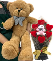 Büyük Boy 80cm Kahverengi Peluş Ayıcık ve Kırmızı Kalpli Pembe Ayıcık Buketi