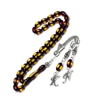 Erkek 7x11mm Harf Püskül Kızıl Sarı Sürmeli Toz Kehribar Tesbih (Bordo)