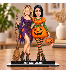 Kişiye Özel Halloween Cadı Balkabağı Kız Karikatürlü 18 cm MDF Masaüstü Biblo - Arkadaşa Hediye Arkadaşa Doğum Günü Hediyesi