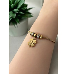 Şans Getiren Yonca Charm Gold Çelik Bileklik