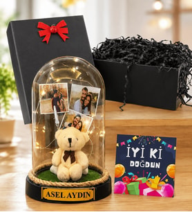Kişiye Özel 3 Fotoğraflı LED Işıklı Fanus İyi Ki Doğdun Doğum Günü Hediyesi (peluş ayıcıklı)