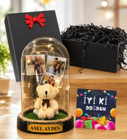 Kişiye Özel 3 Fotoğraflı LED Işıklı Fanus İyi Ki Doğdun Doğum Günü Hediyesi (peluş ayıcıklı)