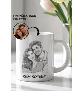 Kişiselleştirilebilir Line Art Çizimli Fotoğraf ve İsim Soyisim Tasarımlı 330ml Baskılı Beyaz Seramik Kupa Bardak