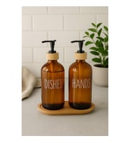 Amber Cam İkili Sıvı Sabunluk Seti 500 ml Bambu Altlıklı