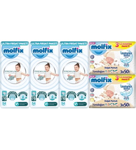 Molfix Premium Bebek Bezi Beden:6 (15+KG) Extra Large 162 Adet Ultra Fırsat Pk + 6 Adet Islak Mendil