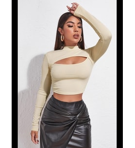 Fantezia Night Kadın Kırmızı Göğüs Dekolteli Uzun Kollu Cut Out Crop Top Bluz