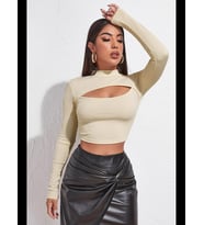Fantezia Night Kadın Kırmızı Göğüs Dekolteli Uzun Kollu Cut Out Crop Top Bluz