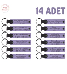 Sanat Atölyesi Katılımcılarına Hatıra 14'lü Set, Kişiye Özgü Deri Hediyelik Anahtarlık, Mor Menekşe (Lila - Mor)