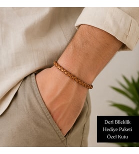 Wristane Örgü Deri Erkek Bileklik – Çelik Detaylı Taba