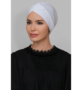 Beyaz Pratik Hazır Geçmeli Tesettür Bone Sandy Kumaş Çapraz Büzgülü 1801_42